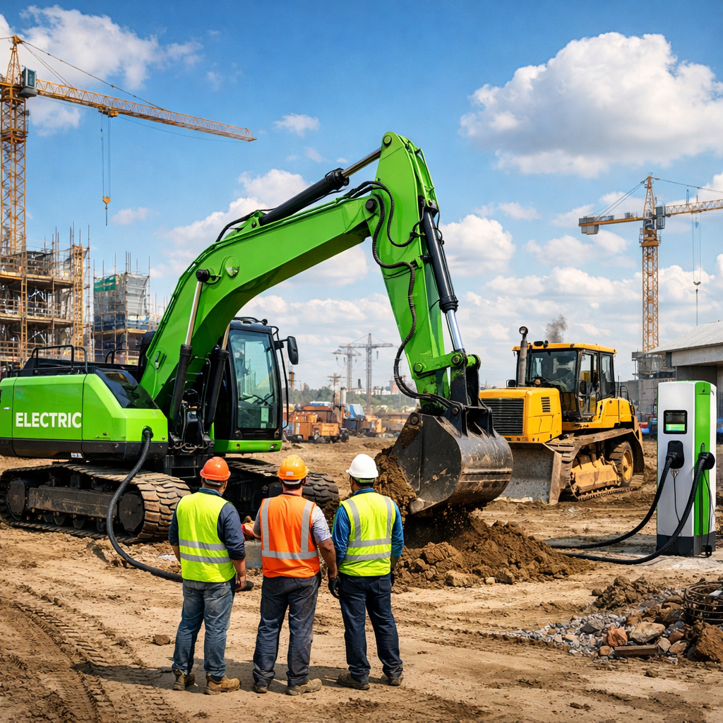 A construction site bustling with activity showcases various heavy machinery both dieselpowered and electric In the foreground a sleek batteryelectric-1
