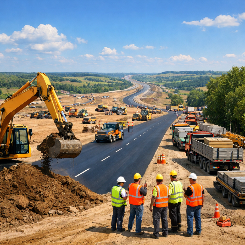 Construction Site with Yellow Machinery and New Asphalt Road-1