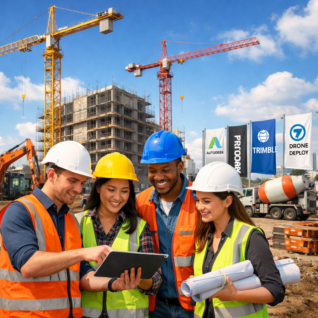Construction Site with Young Professionals and Cranes