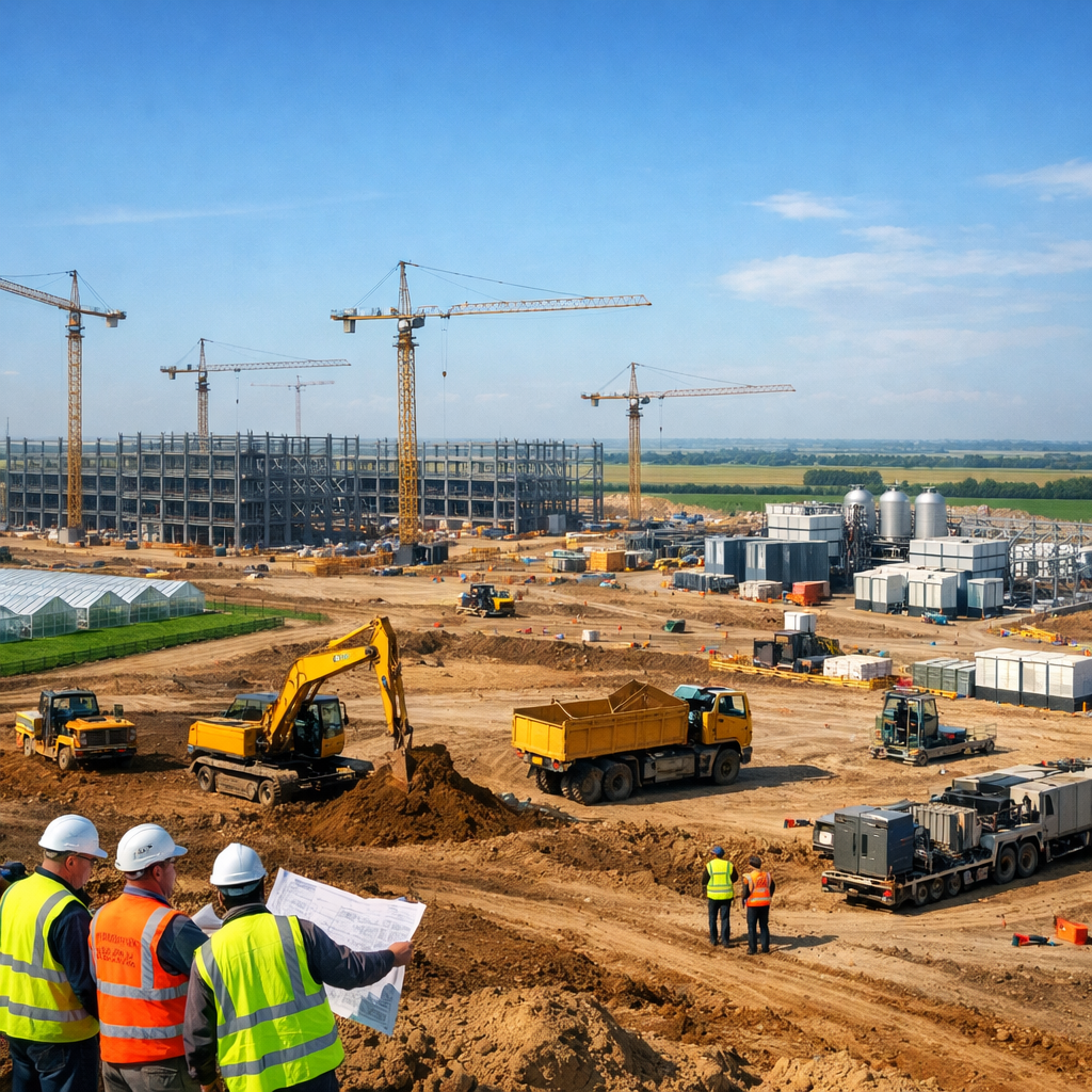 DON NOT USE ANY WORDING The image depicts a vast sprawling landscape of the former RAF Elsham Wolds airfield transformed into a bustling construction