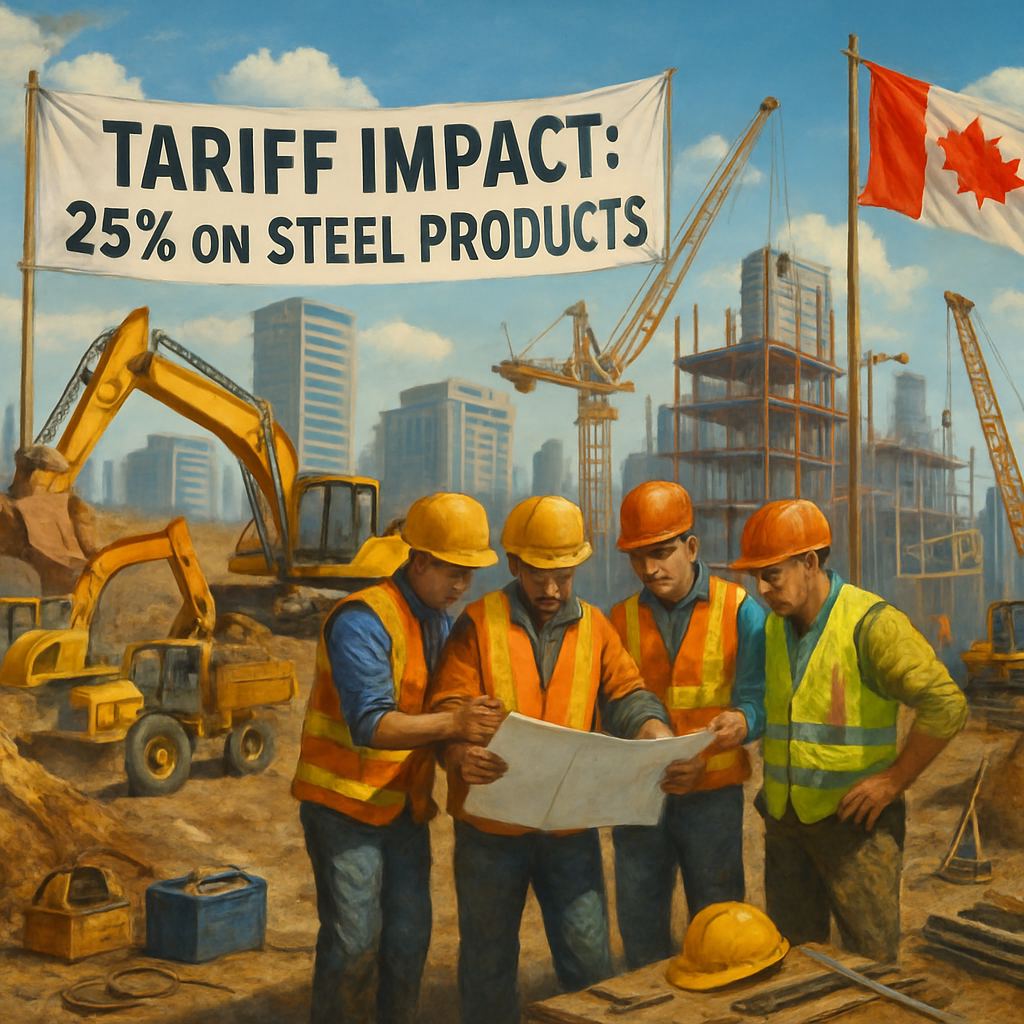 The image depicts a bustling construction site in Canada showcasing various pieces of heavy machinery like excavators bulldozers and cranes all bright