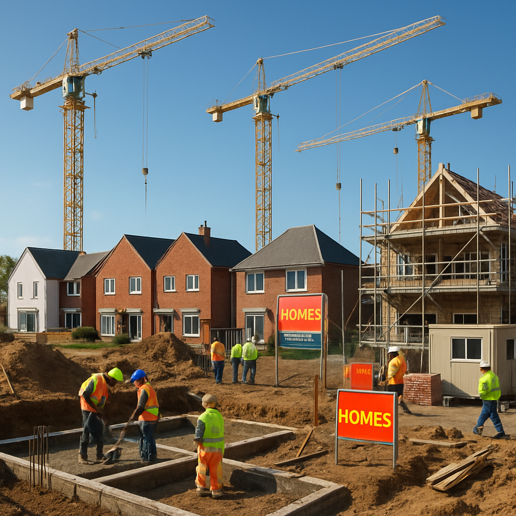 The image depicts a bustling construction site in the South East of the UK where a diverse array of housing projects is underway Towering cranes loom against a clear blue sky casting long shadows over a mix of traditional and modern houses Workers in-1