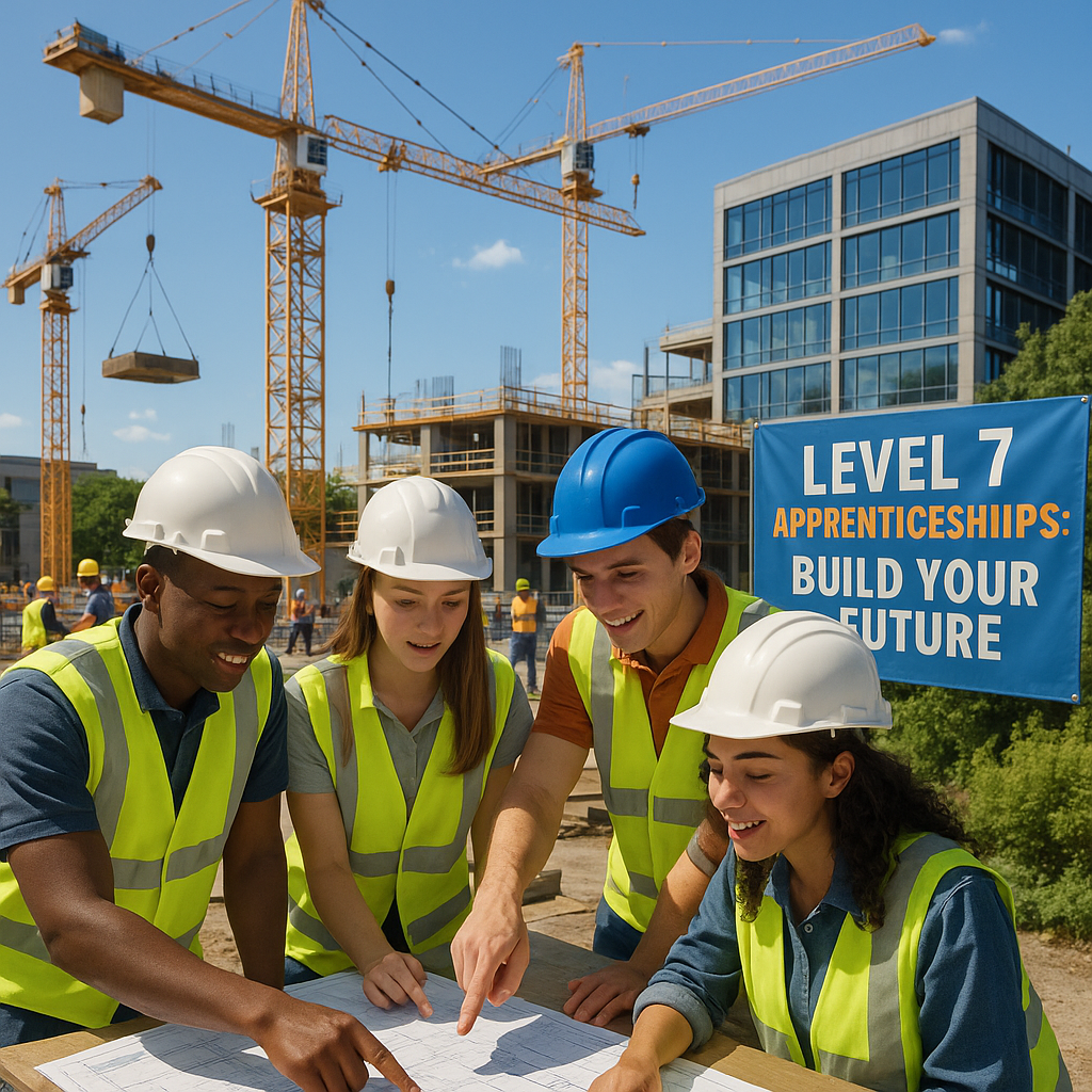 The image depicts a bustling construction site under a clear blue sky In the foreground a diverse group of young apprentices wearing hard hats and safety vests are engaged in a collaborative discussion pointing at blueprints spread out on a table Beh-1