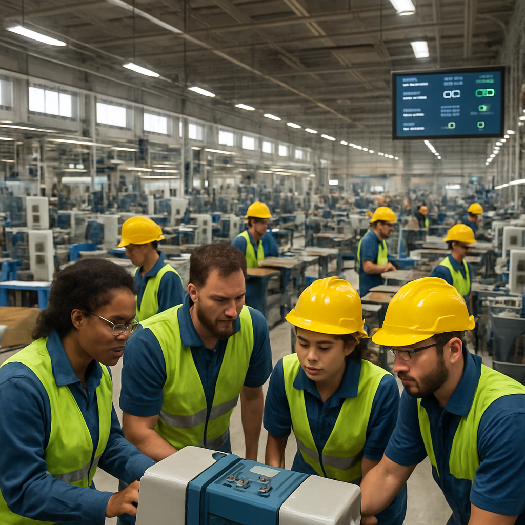 The image depicts a bustling manufacturing facility with workers in safety gear actively engaged in various tasks In the foreground a diverse group of-1
