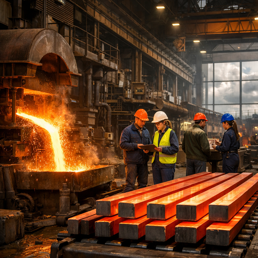 The image depicts a bustling steel manufacturing facility showcasing large industrial machinery and workers male and female in safety gear In the for