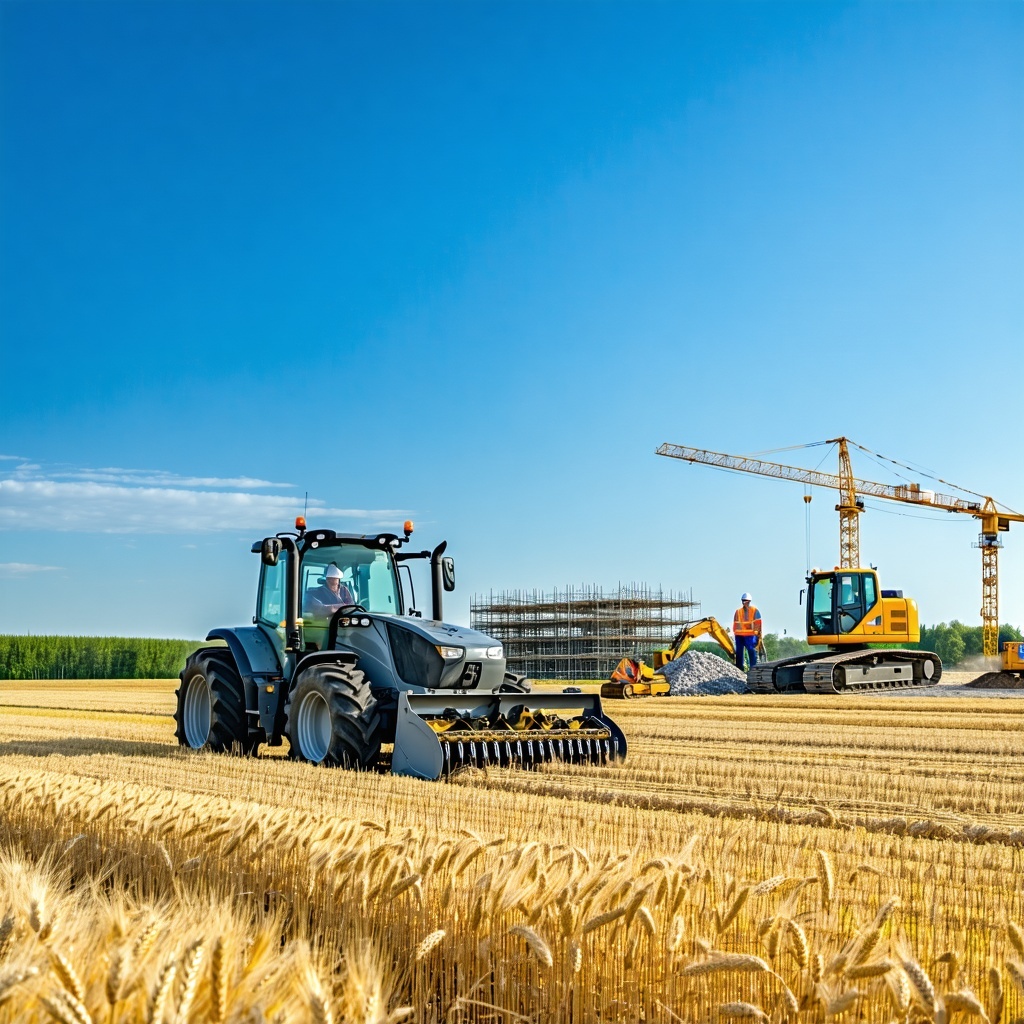 The image depicts a vibrant agricultural landscape under a clear blue sky showcasing a large modern tractor equipped with advanced machinery working diligently in a sunlit field of golden wheat In the background a construction site is visible featuri