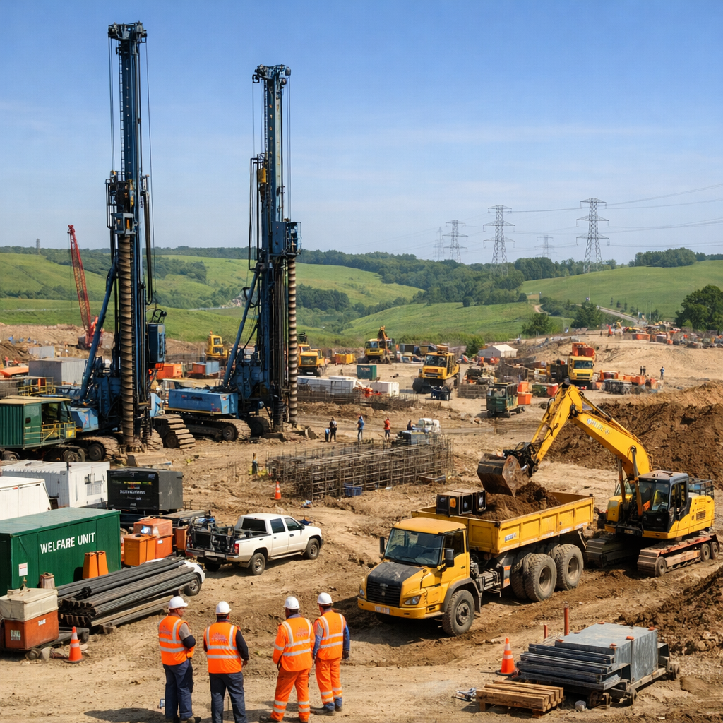 The image depicts an expansive construction site set against a backdrop of rolling green hills where the early phases of the Lower Thames Crossing pro