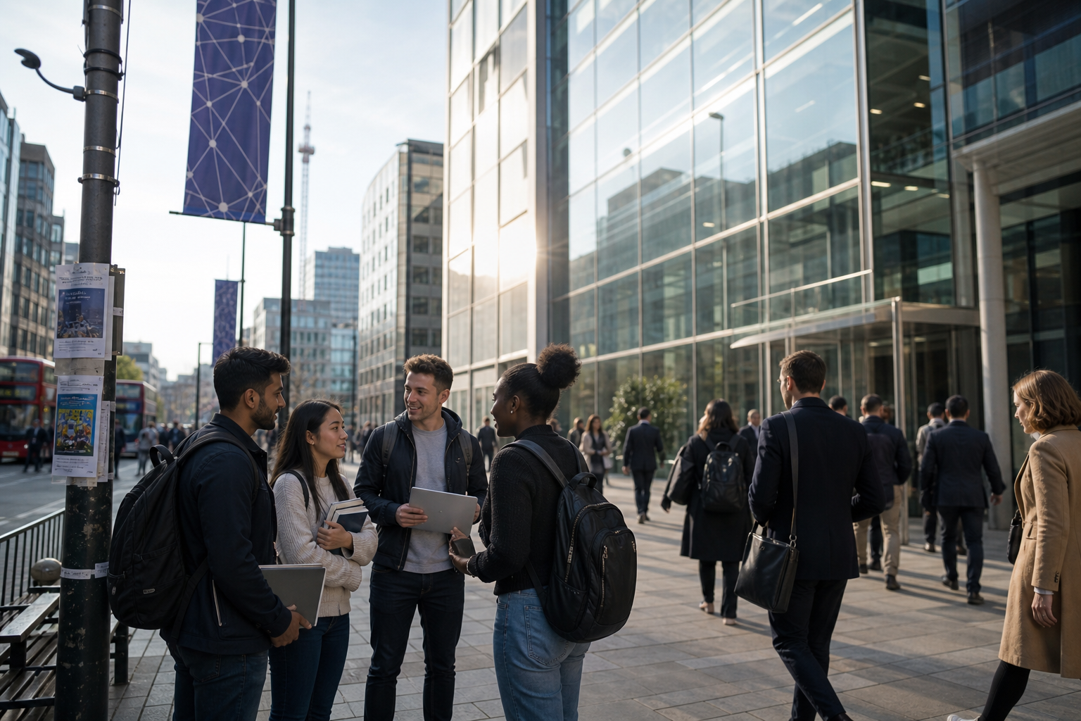 Urban Engineering Hub with Diverse Professionals and Job Advertisements