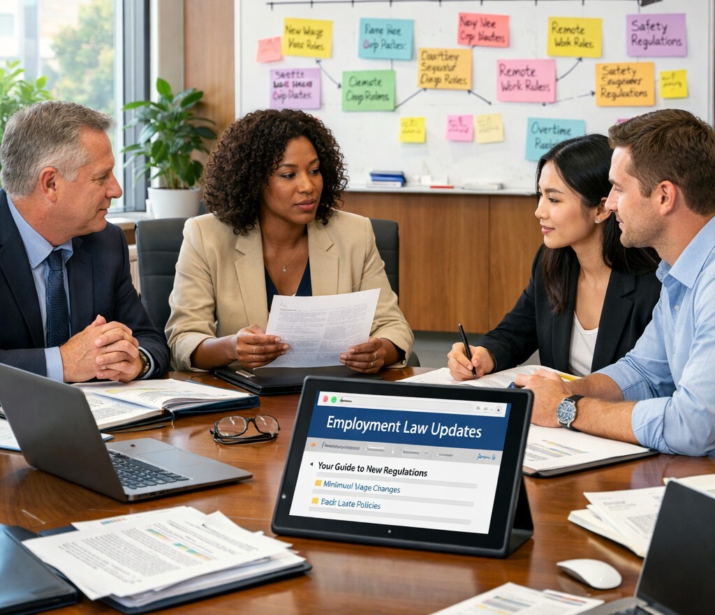 The image depicts a modern office environment with a large conference table at the center surrounded by sleek ergonomic chairs On the table are severa-1