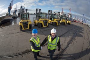 Hessle's Gary Hawkhead (left) and Global Shipping's Peter Waud (right) at Immingham Docks.